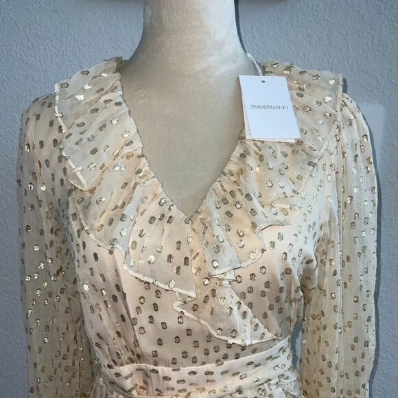 Zimmermann Ruffled Metallic Silk Wrap Minidress - Picture 3 of 10